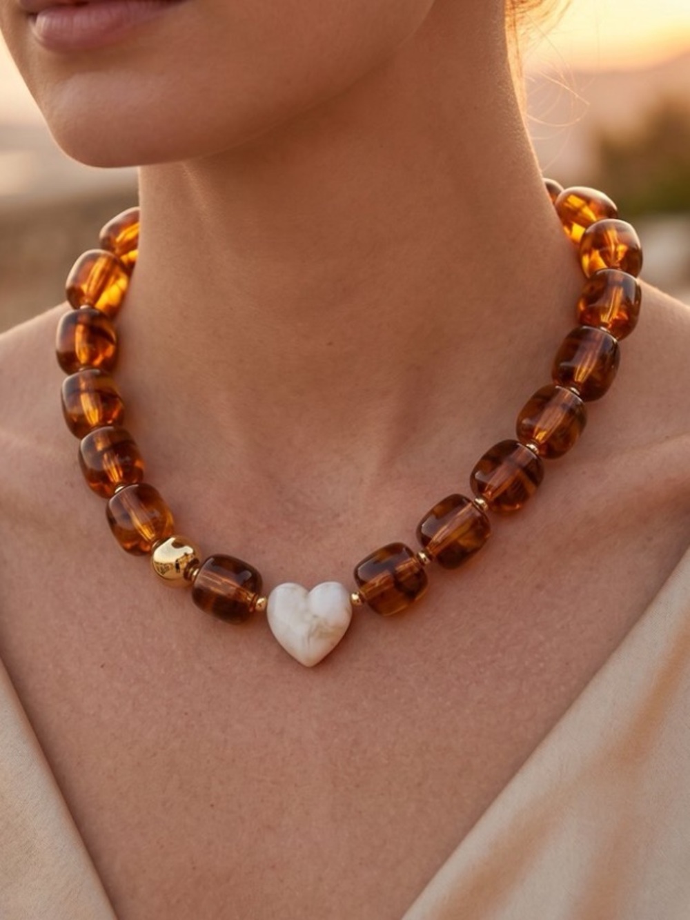 Mayamar Amber Block Bead Necklace with Cream Heart Pendant (nwt)